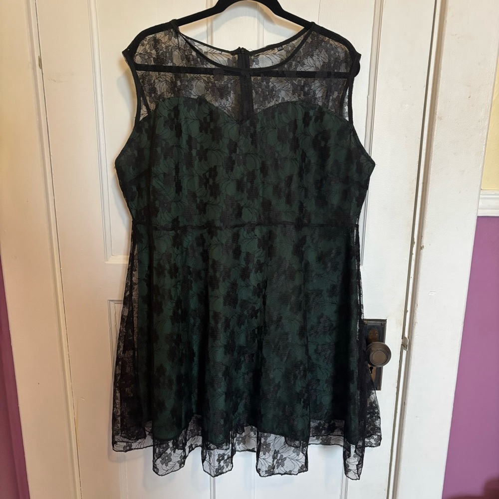 Womens Green With Black Overlay Lace Dress 5XL Sleeveless Cocktail Elegant Flare